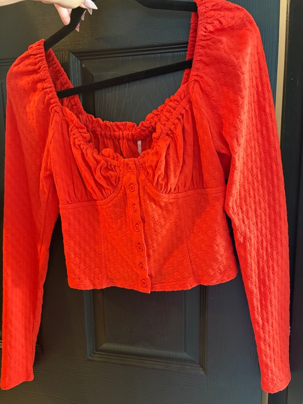 Free People Red Button-Front Long Sleeve Crop Top